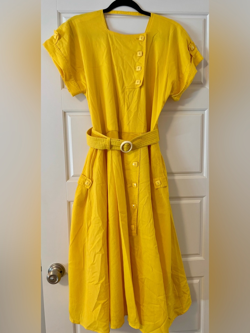 Vintage Yellow Button-Front Belted Dress